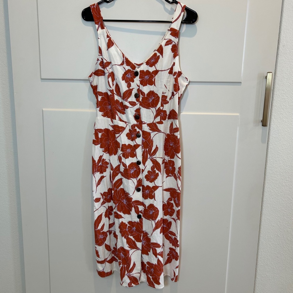 Monteau Los Angeles White Floral Print‎ Button Front Midi Dress Women's Large